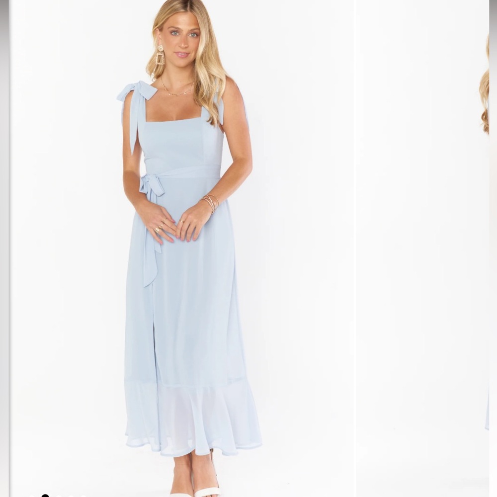 Show Me Your Mumu Claire Midi Dress Chiffon Steel Blue w/ ties